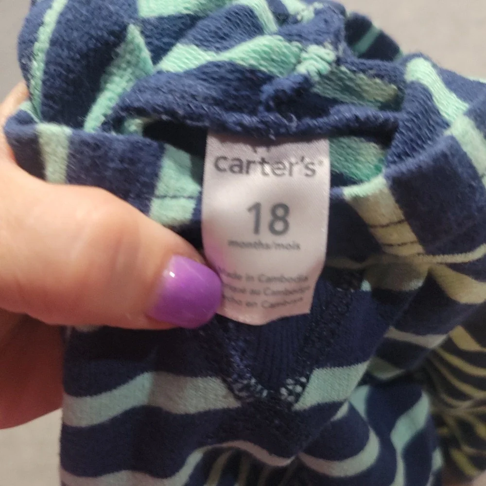 Carters Hoodie Unisex 18M Navy Mint‎ Green Striped Cotton Pullover Sweatshirt
